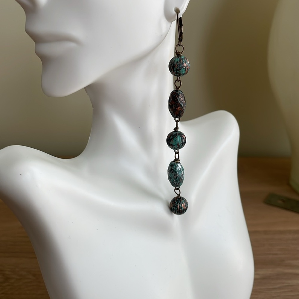 HAND CRAFTED SHOULDER DUSTER EARRINGS Patina Mint Green Copper Antiqued Brass - Picture 7 of 14